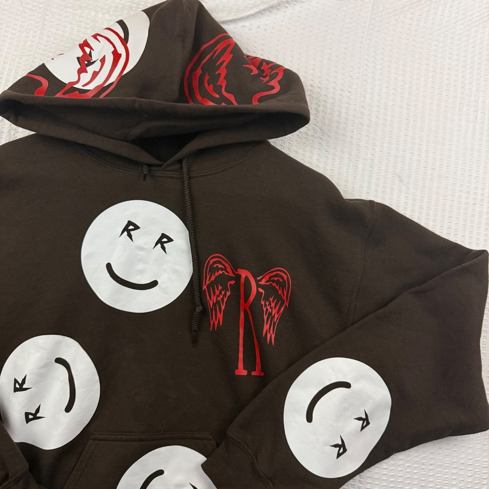Rare Humans Brown Smiley Face Graphic Hoodie Streetwear Men's Size Small S
